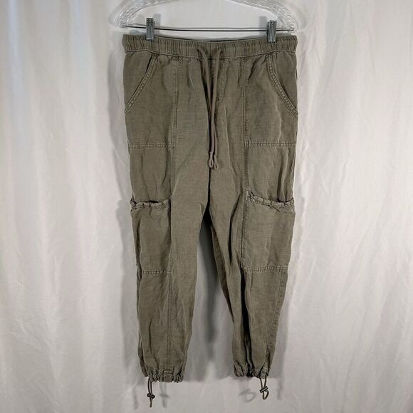 NWOT Nichole Miller Cargo Joggers Women's Medium Light Green Linen Bl Drawstring - Picture 1 of 12
